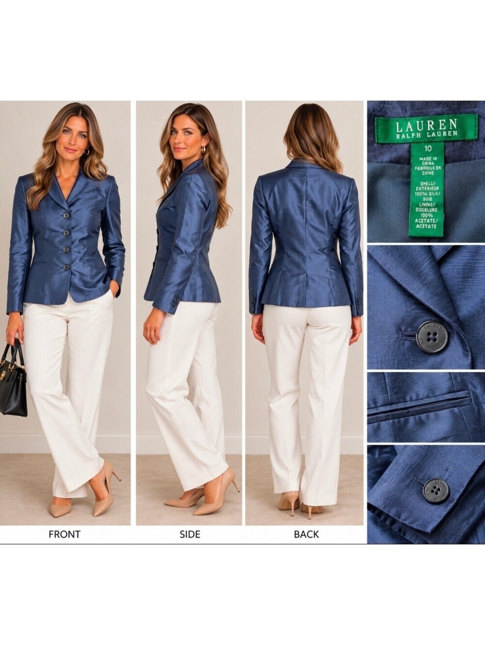 Lauren Ralph Lauren 100% Silk Blue Blazer Women's Size 10 Tailored Jacket
